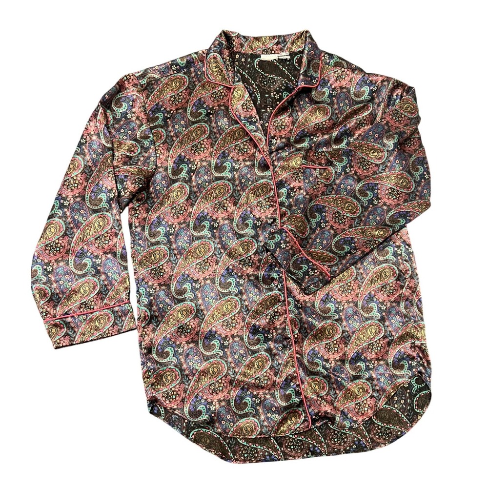 Lingerie Pajama Top Womens Medium Multi Paisley Satin Button Up 1623